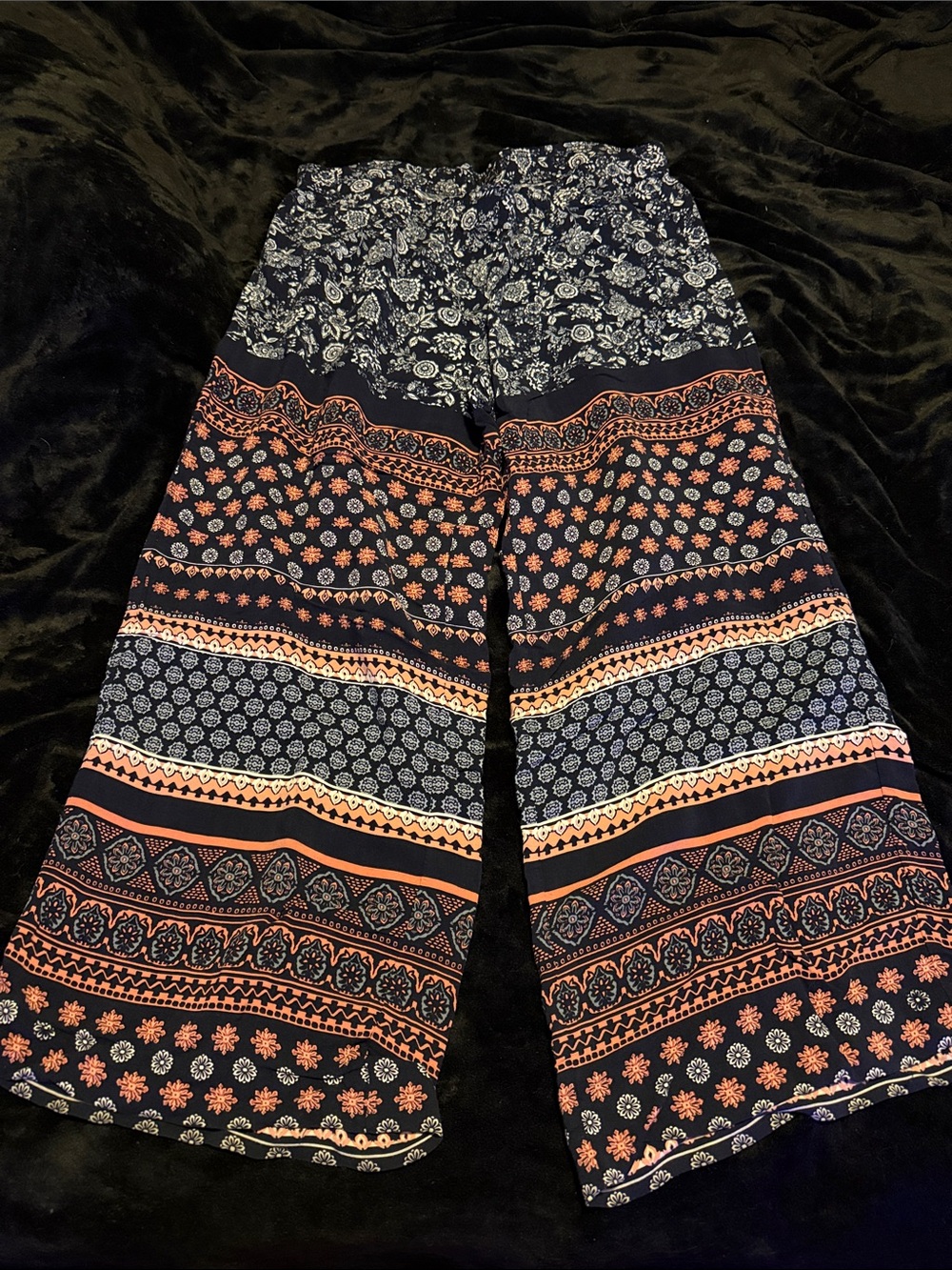 Bohemian Wide-Leg Printed Women's Pants - Navy with Coral & Cream